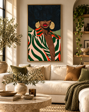 Load image into Gallery viewer, Tomasita | Afrocentric Fashion Portrait | Sage Green | Black Woman Wall Art | Classic Semi-Glossy Paper Wooden Framed Poster