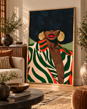 Load image into Gallery viewer, Tomasita | Afrocentric Fashion Portrait | Sage Green | Black Woman Wall Art | Classic Semi-Glossy Paper Wooden Framed Poster