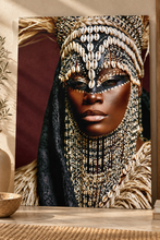 Load image into Gallery viewer, Cowrie Shells |  African Mask Art | Black Woman Editorial Portrait |Afrocentric Wall Art | Premium Matte Paper Poster
