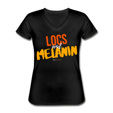 Load image into Gallery viewer, LOCS and MELANIN Women&#39;s V-Neck T-Shirt - black